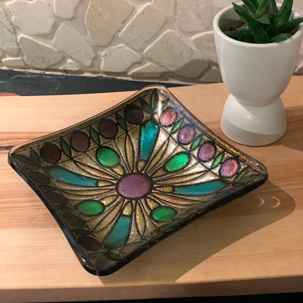 VINTAGE | Italian Reverse Painted Decorative Square Plate